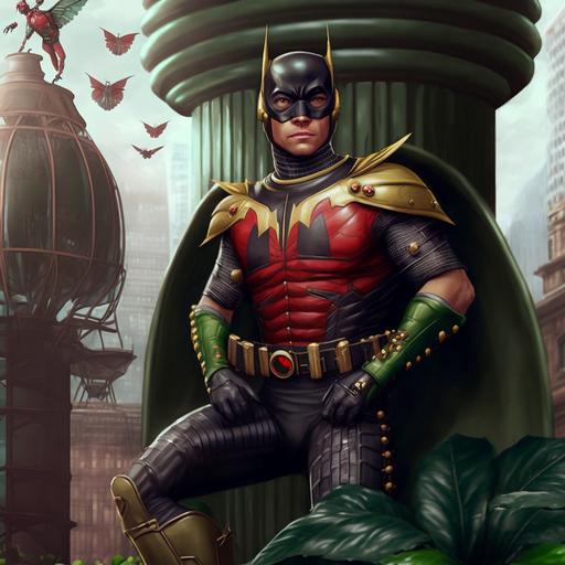 batman in ladybug armor, robin dressed in grasshopper armor, gotham background, --v 4 --v 4
