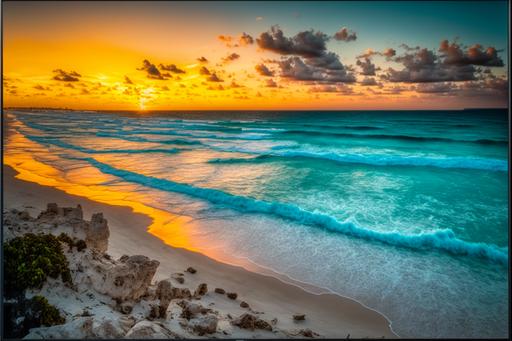 beautiful Mexican beach, Cancun, sunset, summer time, beautiful display of color, wide range HDR, UHD, 8K, HD, perfect honeymoon location, extreme detail, photorealistic photography, nature, environment, --v 4 --q 2 --ar 3:2