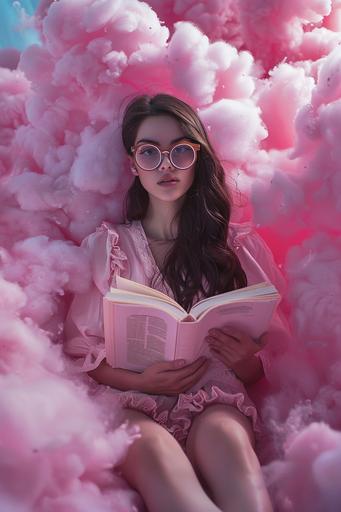 ฟ beautiful womanwith big eyes and round glasses sitting on a huge pile of pink cotton cotton pink clouds reading a book --ar 2:3 --v 6.0