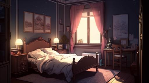 , bedroom , night , tidy ,dark, anime style , --ar 16:9 --v 5.0