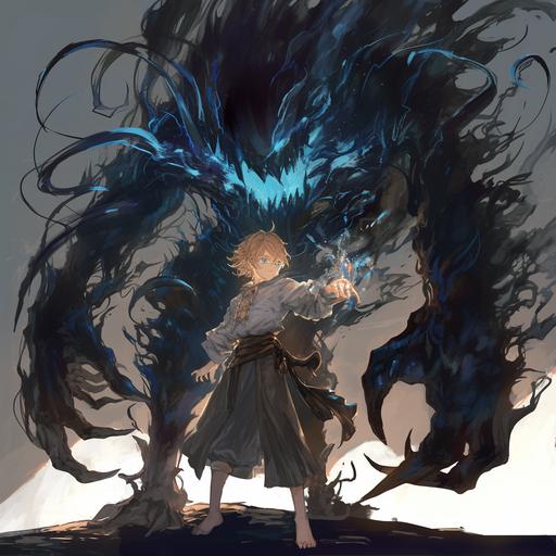 blonde boy summons a shadow monster to fight medieval era, high detail, high quality, complex design --niji 6