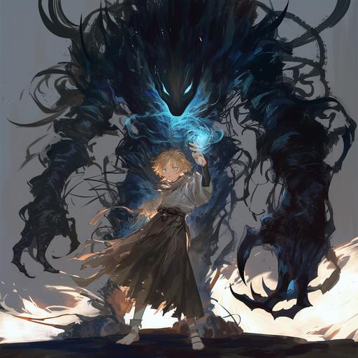 blonde boy summons a shadow monster to fight medieval era, high detail, high quality, complex design --niji 6