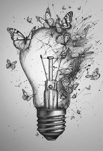 broken lightbulb and butterflies abstract handdrawn sketch, in the style of subtle realism, intricate storytelling --ar 87:128