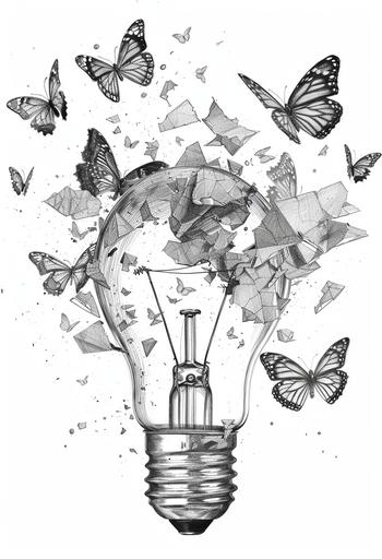 broken lightbulb and butterflies abstract handdrawn sketch, in the style of subtle realism, intricate storytelling --ar 87:128