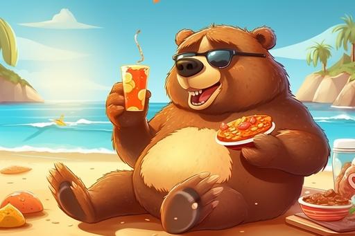 brown bear eating a chicken burger on the beach, with sunglasses and mango juice, cartoon style, fantasy wallapaper, illustration, --ar 3:2