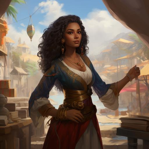 brown skin medieval female merchant holding a scroll of paper in her hand, on an island