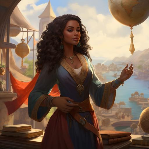 brown skin medieval female merchant holding a scroll of paper in her hand, on an island