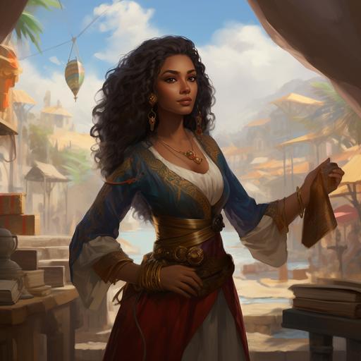 brown skin medieval female merchant holding a scroll of paper in her hand, on an island