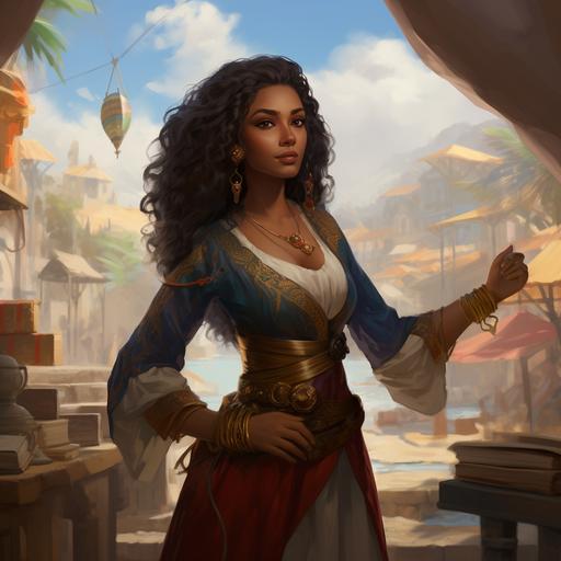 brown skin medieval female merchant holding a scroll of paper in her hand, on an island