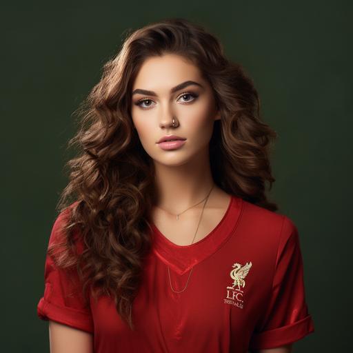 brunette instagram model, with green eyes, long curly here, fit body with liverpool football club jersey