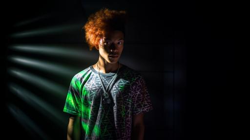🎨 by hawaiianbuilt1 ::0 suburban afro-korean male model wearing T shirt Short Sleeve, Graphic Optical Illusion, Green White Purple Light Green Rosy Pink Dark Purple Graphic Optical Illusion, v-neck shirt, and dark palazzo pants, background crowd with beautiful redhead female models, dramatic lighting, globla illumination, ultra-detailed, ultra-HD, --stylize 1000 --ar 16:9 --v 5
