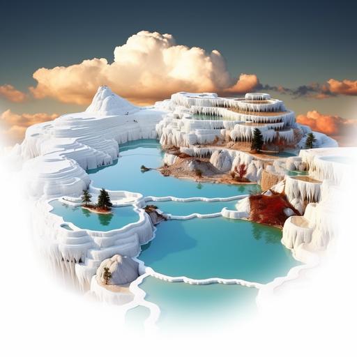 graphic illusturation cartoon style of turkey in Pamukkale cotton lake with White background png style,in the style graphic illusturation,cotton lake logo icon,cotton ,Cotton lake Logo ,ultradetailed 8K, Hd Quality