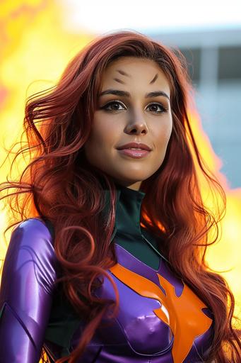 ,::1 , IMAGE_TYPE: Film still, action shot, whole body | GENRE: Modern | EMOTION: Happy, Laughing, Joyful, Excited, Eager | SCENE: Photo of Naomi Scott in costume as Starfire in live action film, arms akimbo, long flowing wavy orange hair, tanned skin, purple costume | LOCATION TYPE: Top of building, daytime, slight screen glare | CAMERA MODEL: Canon EOS R5 | CAMERA LENSE: 85mm f/1.8 | SPECIAL EFFECTS: Ultra-detailed, ultra-photorealistic | TAGS: 8k, award-winning photograph --ar 2:3 --v 6.0