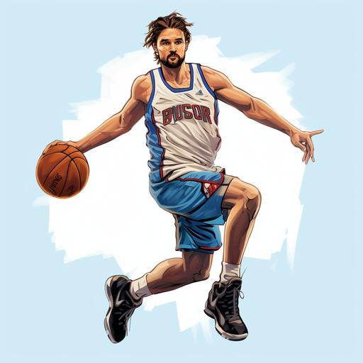 simple retro cartoon, simple lines, early 2000s white NBA player, with brown hair, holding basket ball wearing simple light blue jersey