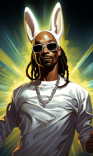 caricature of snoop dogg as a superhero bunny, superhero bunny gear, bunnycore, moving, ready to fight, dynamic kung fu action --ar 3:5