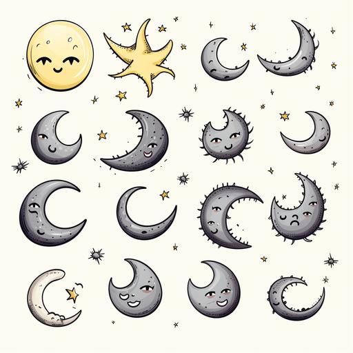 cartoon style, drawing moon styles, white background