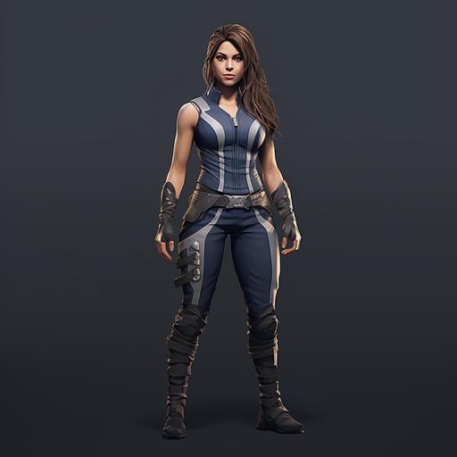 🍔 character design for Mortal Kombat 1, a muscular female character with randomized superpower abilities with long light brown hair and hazel eyes, wearing a navy blue and silver catsuit outfit