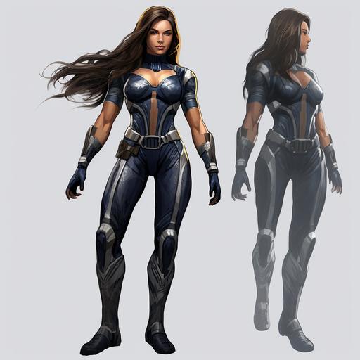 🍔 character design for Mortal Kombat 1, a muscular female character with randomized superpower abilities with long light brown hair and hazel eyes, wearing a navy blue and silver catsuit outfit