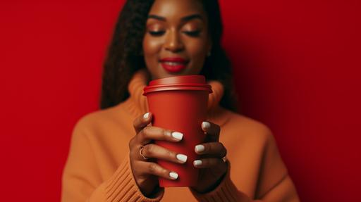 cinematic image of a happy black woman holding a red paper cup with cofee on it, top view, close shot, 16K --ar 16:9