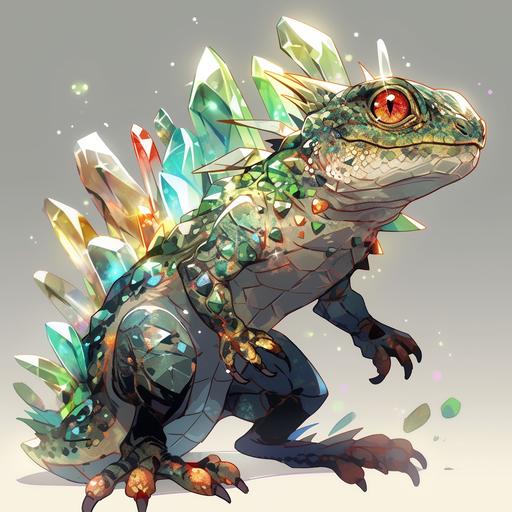 class pet lizard with goofy eyes and crystals on its back, high detail, high quality, complex design, --niji 5
