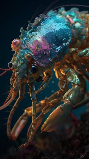 π, close-up soaked armored Mantis Shrimp, dripping fluorescent paint, Princess Stomatopod, Kawaii, Coral goddess, gold halo aura, ornate seaweed headdress, metallic indentations, chromatic glass reflections, cinematic, dynamic angle, In the style of James Jean + Alberto Seveso + Frank Frazetta --ar 9:16 --s 1000 --v 5 --q 2