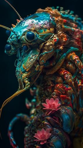 π, close-up soaked armored Mantis Shrimp, dripping fluorescent paint, Princess Stomatopod, Kawaii, Coral goddess, gold halo aura, ornate seaweed headdress, metallic indentations, chromatic glass reflections, cinematic, dynamic angle, In the style of James Jean + Alberto Seveso + Frank Frazetta --ar 9:16 --s 1000 --v 5 --q 2