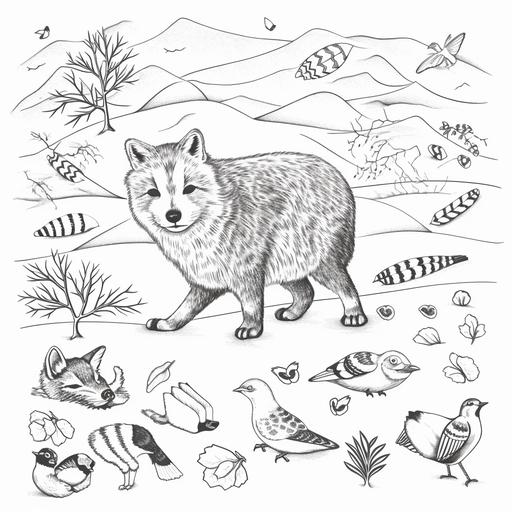 coloring kids book centered on Nature & Seasons,no shading,thick lines with black and white,no black background,low detail,cartoon style, Animal Tracks: Footprints of various animals in the snow