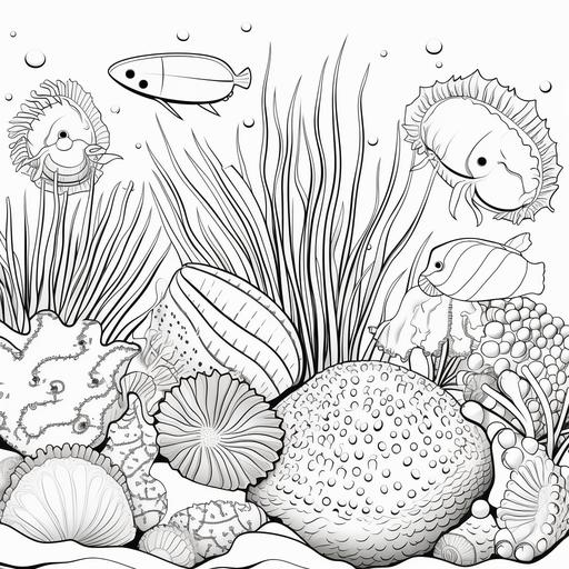 coloring pages for kids, thick lines,no shading,Sea urchins and sea cucumbers,cartoon style,low details--ar 8.5