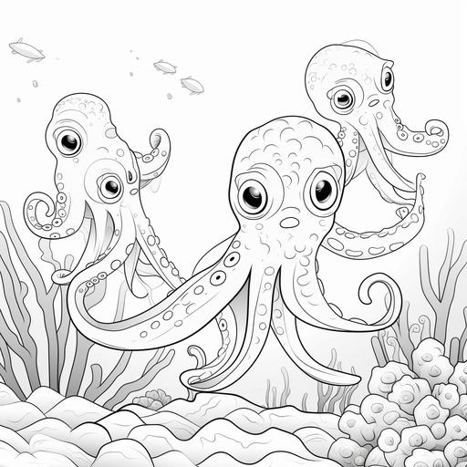 coloring pages for kids, thick lines,no shading,cute squids,cartoon style,low details--ar 8.5