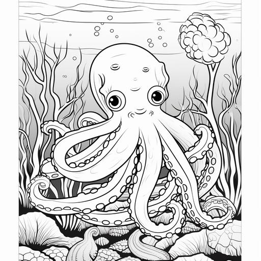 coloring pages for kids, thick lines,no shading,cute squids,cartoon style,low details--ar 8.5