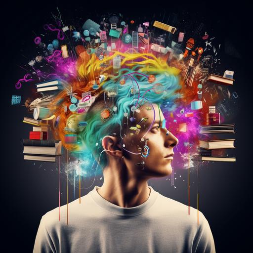 colorul brain graphic looking like photo with books, audio and other information adding inside, male head