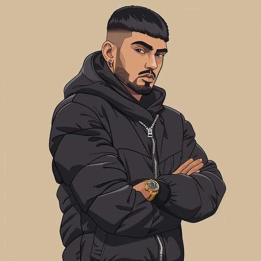 comic style ; A handsome indian young man with a short rounded bowl cut and a thick short beard, wearing a black puffer jacket, small gold earings, blackhoodie, black trousers and white sneakers looking confident with arms crossed comic style
