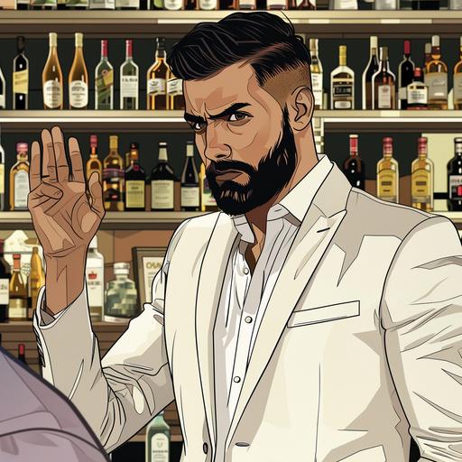 comic style ; A handsome indian young man with slick hair and beard, wearing a white and cream plad blazer with hand, palm flat raised towards buyer, refusing sale of alcohol to drunken person at off licence shop comic style --v 6.0