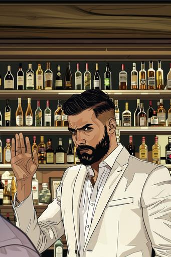 comic style ; A handsome indian young man with slick hair and beard, wearing a white and cream plad blazer with hand, palm flat raised towards buyer, refusing sale of alcohol to drunken person at off licence shop comic style --v 6.0 --ar 2:3