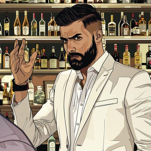 comic style ; A handsome indian young man with slick hair and beard, wearing a white and cream plad blazer crossed arms hand raised towards buyer, refusing sale of alcohol to drunken person at off licence shop comic style