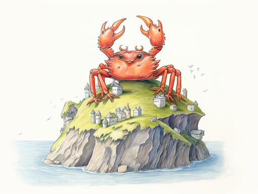 🦀 ,crab king on a hill made of empty oyster shells, sunny weather, sketchy childrens drawing, color pencil --s 50 --v 5.2 --style raw --ar 4:3