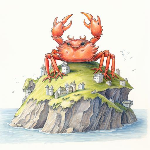 🦀 ,crab king on a hill made of empty oyster shells, sunny weather, sketchy childrens drawing, color pencil --s 50 --v 5.2 --style raw