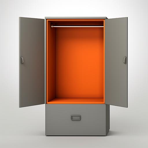 create a single mockup cabinet for football kit box colored in orange, 3D, realistic, the closet should have 2 doors opened, without any drawers, and a hanged tshirt inside