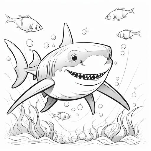 create happy shark cartoon, perfect for a children's coloring book, white background, no color, outline only
