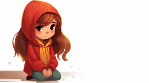 , , crying style childrens books illustration style simple cute 5 year old girl full red colour red shoeas yelllow hooded dress long brown hairs sharp cartoon style --no outline --ar 16:9