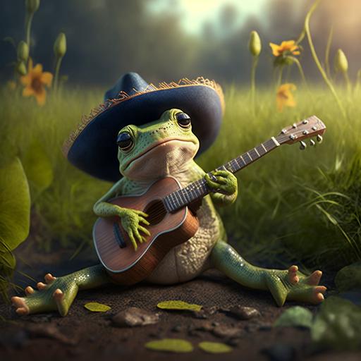 cute frog with cowboy outfit playing the guitar, hat, grass, rain, full body, jungle, by Pixar, extremly realistic, 8K --v 4 --q 2