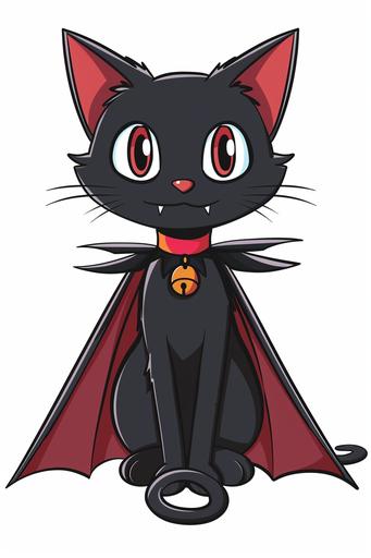 cute illustrated cartoon, cat vampire, spooky vibes, plain white background --ar 2:3 --v 6.0