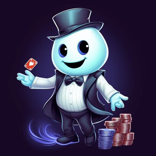 , cute spooky wearing suit, playing casino , cartoon, with ghost tail, 2d , cartoon style , more cute face