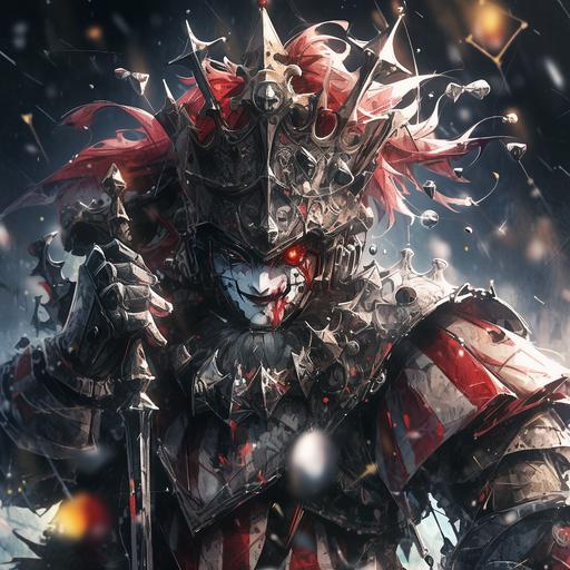 dark medieval brutal chaos mad king in clown outfit having his armour break and shatter, anime style, dark fantasy, digital art, masterpiece painting, ultra detailed, ultra high definition, 3D shading, superior quality, complex design, hyper detailed, high contrast, --niji 5