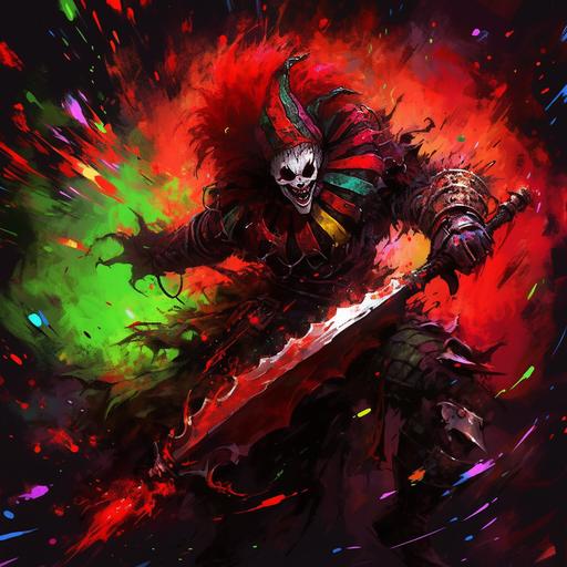dark medieval brutal chaos mad king in clown outfit swinging his sword of chaos and destruction, dynamic motion, motion blur, dark magical circles, anime style, dark fantasy, digital art, masterpiece painting, ultra detailed, ultra high definition, 3D shading, superior quality, complex design, hyper detailed, high contrast, --niji 5