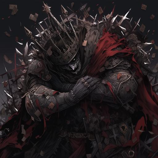 dark medieval chaos mad king in clown outfit defeated, his armour broken and shatter, anime style, dark fantasy, digital art, masterpiece painting, ultra detailed, ultra high definition, 3D shading, superior quality, complex design, hyper detailed, high contrast, --niji 5