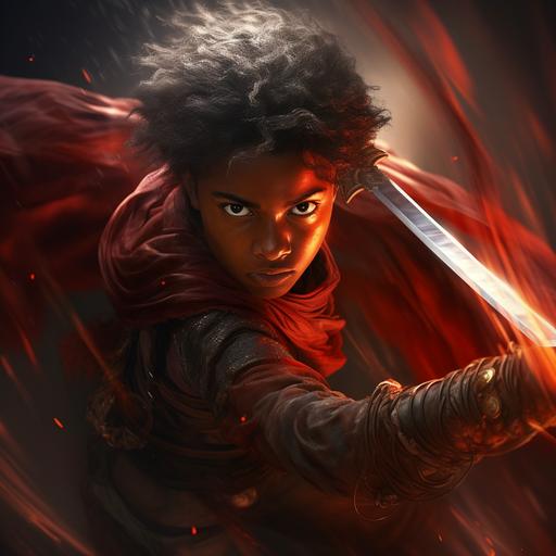 dark skin medieval warrior boy in red cloak with giant sword using whirlwind, dynamic motion, motion blur, enhanced weapon, fantasy, illustrated animation