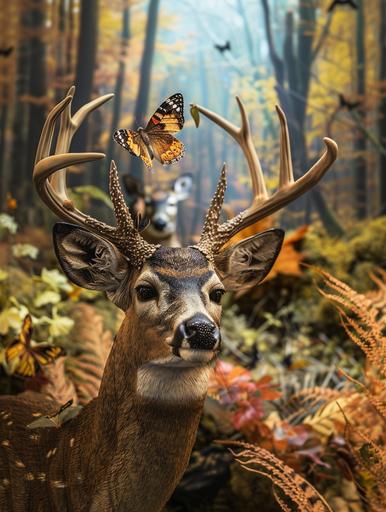 deer head with a camouflage forest in the background. The deer and the forest behind it are in 1:1 scale, and there is a masked hunter behind the deer using a bow and arrow to hunt the deer. There is a butterfly on the antlers, very realistic, 8K --v 6.0 --ar 3:4 --style raw
