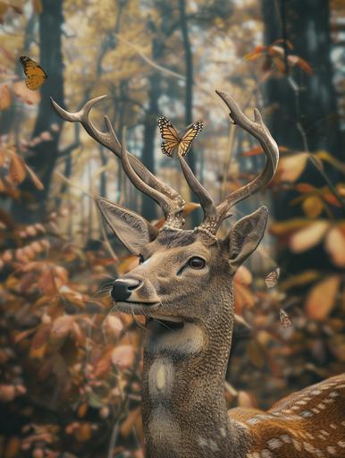 deer head with a camouflage forest in the background. The deer and the forest behind it are in 1:1 scale, and there is a masked hunter behind the deer using a bow and arrow to hunt the deer. There is a butterfly on the antlers, very realistic, 8K --v 6.0 --ar 3:4 --style raw