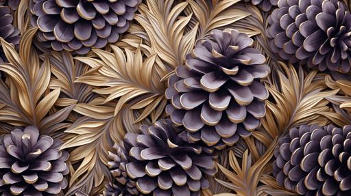 detailed intricate design of coniferous pinecone wallpaper lavender and gold --ar 16:9